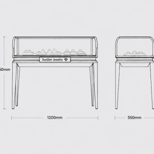 Curved Top Jewelry Counter | Rose Gold Glass Cabinet Horizontal Jewel Booth – Sunzen Display 6 CAD layout drawing of curved top rose gold glass jewelry counter slim leg retail vitrine dimension marking