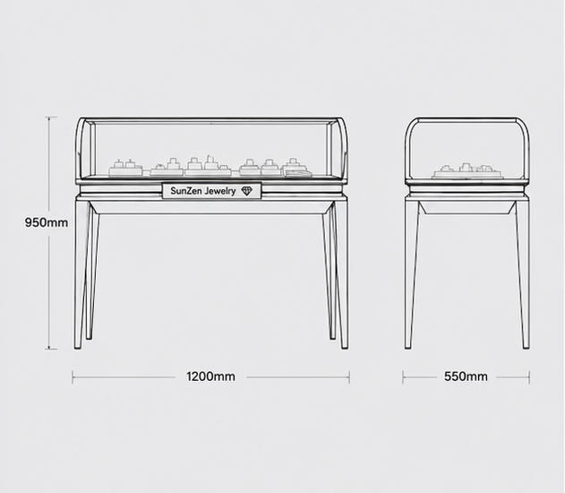 CAD layout drawing of curved top rose gold glass jewelry counter slim leg retail vitrine dimension marking