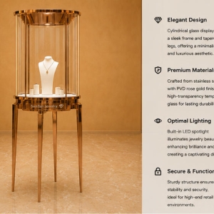 Round Glass Jewelry Tower | Rose Gold Pedestal Stand Tall Circular Showcase – Sunzen Display 5 Feature close-up of full-circle round glass enclosure, three thin metal legs, internal necklace bust of tall circular showcase
