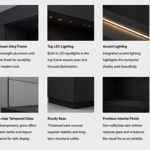 Material close-up matte dark anti-reflection frame, UV filtering tempered glass, acid-free dark fabric lining for UV archival art case