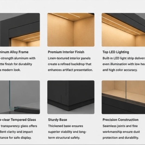 Material close-up matte dark solid frame, low-iron UV tempered glass, archival beige fabric liner for fabric lined museum case