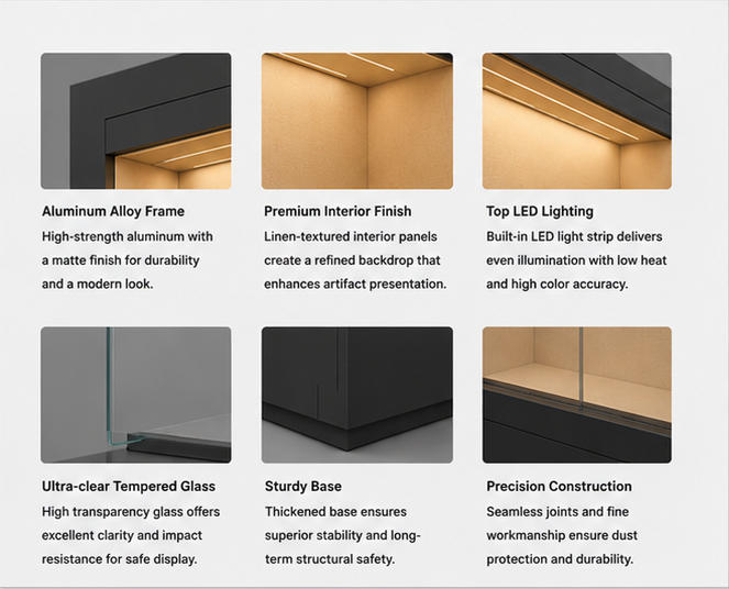 Material close-up matte dark solid frame, low-iron UV tempered glass, archival beige fabric liner for fabric lined museum case