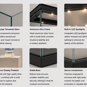 Dual Pedestal Glass Vitrine | Double Vase Display Case Wide Heritage Glass Booth – Sunzen Display 5 Material craft close-up of matte dark aluminum frame, low-iron anti-UV tempered glass, linen-texture archival stone display risers