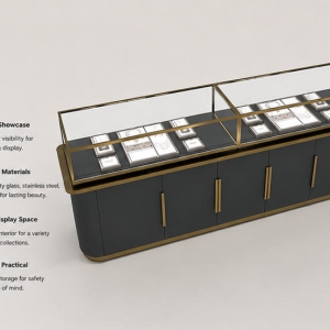 Jewelry Long Display Counter | Dual Compartment Glass Top Central Showcase – Sunzen 4 45 Degree Full Render of Dark Grey Dual Split Glass Long Rectangular Gold Trim Jewelry Central Showcase