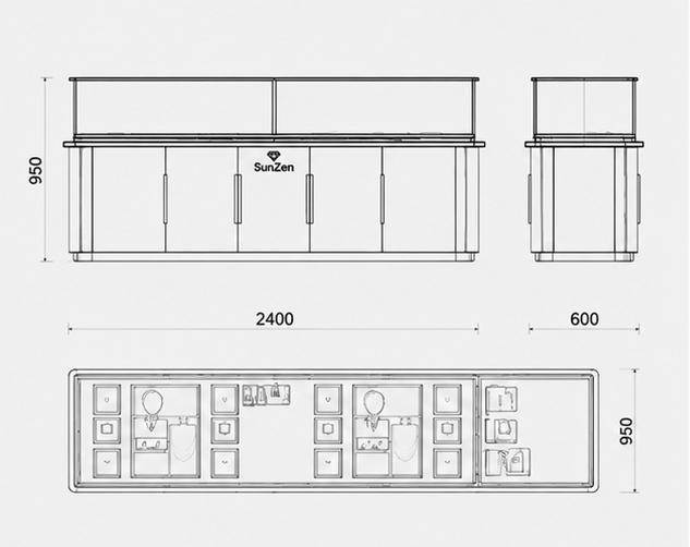 Jewelry Dark Grey Gold Frame Long Rectangular Display Counter CAD Drawing