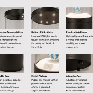 Material craft close-up of matte dark grey cylindrical cabinet, seamless vertical circular tempered UV glass, solid white archival display riser