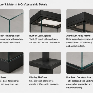 Tall Square Artifact Vitrine | Central Pillar Museum Plinth Slim Vertical Museum Booth – Sunzen Display 4 Material craft close-up of matte dark grey cabinet frame, low-iron anti-UV vertical glass, acrylic elevated relic display riser, linen archival base mat