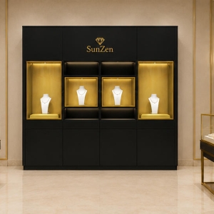 Jewelry Four Compartment Black Wall Cabinet | Wood Lining Gold Frame Display Wall – Sunzen 6 Real Installation Shot In Dark Minimalist Luxury Jewelry Boutique