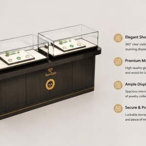 45 Degree Full Render of Deep Oak Matte Dual Split Glass Carved Brass Emblem Oriental Jade Jewelry Central Showcase