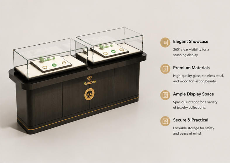 45 Degree Full Render of Deep Oak Matte Dual Split Glass Carved Brass Emblem Oriental Jade Jewelry Central Showcase