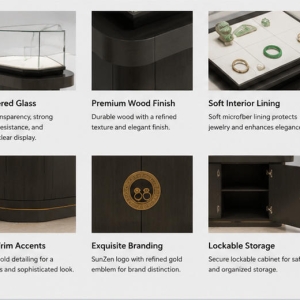 Material & Craft Close-up of Deep Oak Matte Dual Split Glass Carved Brass Emblem Jade Jewelry Display Counter