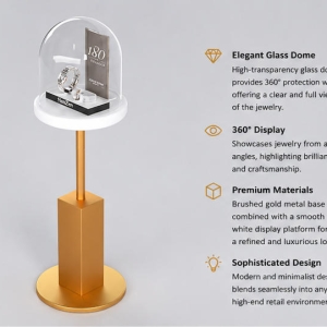 Jewelry Dome Top Pedestal Stand | Gold Pole Round Dome Watch Display Tower – Sunzen 4 45 Degree Full Render of Gold Pole Clear Dome Watch Jewelry Vertical Pedestal