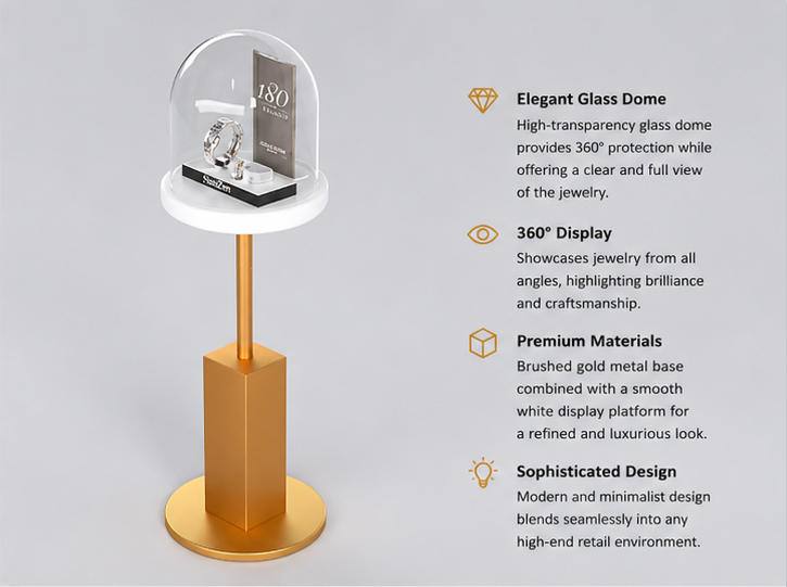 45 Degree Full Render of Gold Pole Clear Dome Watch Jewelry Vertical Pedestal