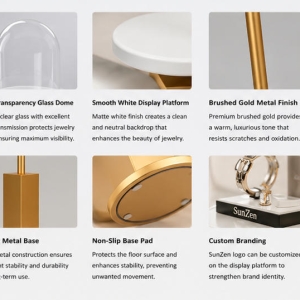 Jewelry Dome Top Pedestal Stand | Gold Pole Round Dome Watch Display Tower – Sunzen 5 Material & Craft Close-up of Gold Pole Clear Dome Jewelry Dome Pedestal Stand