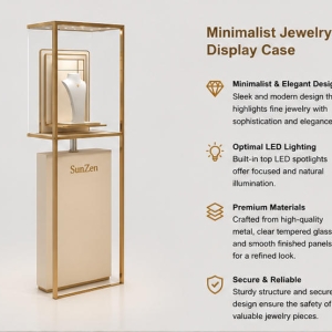 Open Gold Frame Pedestal | Raised Inner Display Shelf Vertical Beige Base Unit Ceiling Dot Spot Booth Single Necklace Display Tower 4 Close-up perforated dot ceiling spotlights, elevated inner layered display shelf, white necklace bust inside open gold frame pedestal ceiling dot spot booth