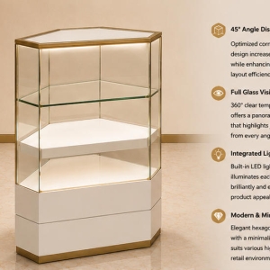 Double Layer Hexagon Jewelry Corner Showcase | Vertical Wall Corner Jewelry Cabinet - SUNZEN 3 Hexagon Jewelry Corner Showcase Double Layer Wall Cabinet Render