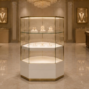 Double Layer Hexagon Jewelry Corner Showcase | Vertical Wall Corner Jewelry Cabinet - SUNZEN 6 Hexagon Jewelry Corner Showcase Boutique Wall Installation Shot