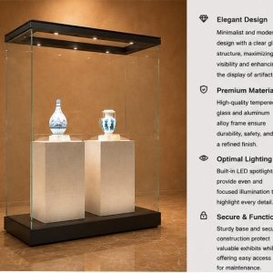 Dual Pedestal Glass Vitrine | Double Vase Display Case Wide Heritage Glass Booth – Sunzen Display 6 Feature close-up of full-height UV transparent glass, top integrated LED light bar, dual textured stone rectangular museum plinth inside wide heritage glass booth
