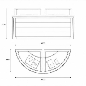 CAD layout curved cream jewelry counter dual arc glass booth gold curved frame case round layered base unit center gem display island dimension drawing