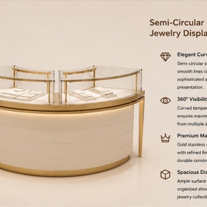 Close-up double independent arched UV glass hoods, curved gold wrapping frame, white multi-size jewelry trays inside curved cream jewelry counter dual arc glass booth