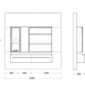 Dual Compartment Wall Unit | Floating Cream Drawer Bank Gold Lit Shelf Niche Sliding Glass Display Bay Luxury Goods Backdrop Wall 3 CAD layout dual compartment wall unit floating cream drawer bank gold lit shelf niche sliding glass display bay luxury goods backdrop wall dimension drawing