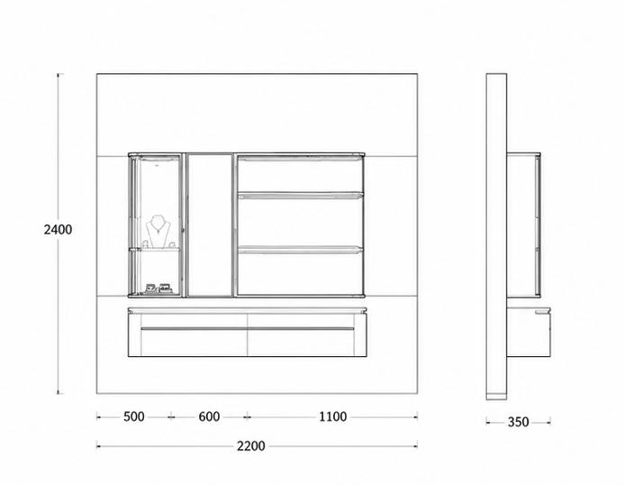 CAD layout dual compartment wall unit floating cream drawer bank gold lit shelf niche sliding glass display bay luxury goods backdrop wall dimension drawing