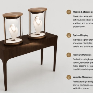 45 Degree Full Render of Dark Wood Curved Leg Two-size Cylinder Dome Jewelry Dual Cylinder Display Table