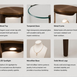 Material & Craft Close-up of Dark Wood Curved Leg Two-size Cylinder Dome Jewelry Dual Cylinder Display Table