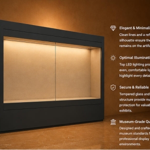 Close-up dual sliding anti-UV glass, perimeter built-in LED, acid-free fabric lining inside wall mount heritage booth