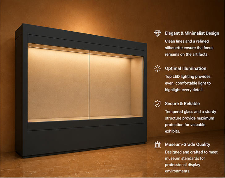 Close-up dual sliding anti-UV glass, perimeter built-in LED, acid-free fabric lining inside wall mount heritage booth