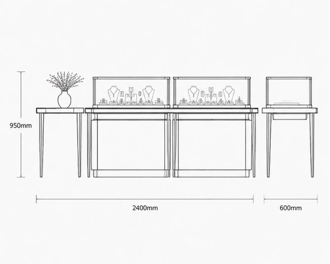 CAD drawing two gold jewel counter matching decor jewelry table cream jewel cabinet lockable boutique glass case