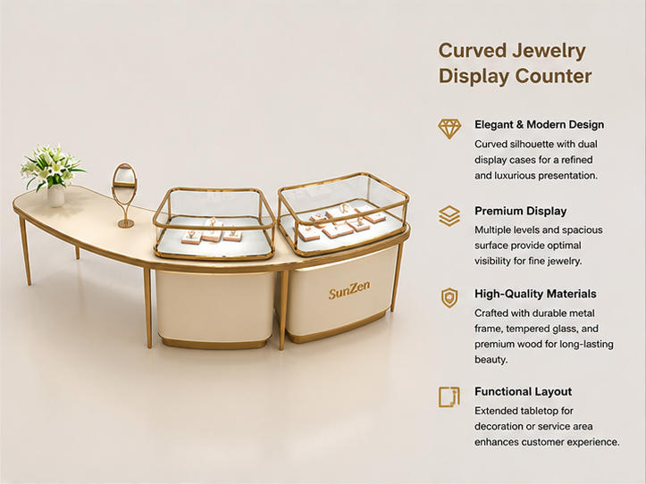 Close-up dual independent gold rim tabletop glass vitrines, curved cream consultation table, matching vanity mirror on curved consultation counter slim gold leg booth