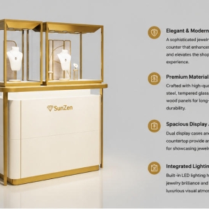 45 Degree Full Render of Dual Separated Gold Frame Glass Booth Cream White Full Golden Trim Luxury Necklace Jewelry Showcase
