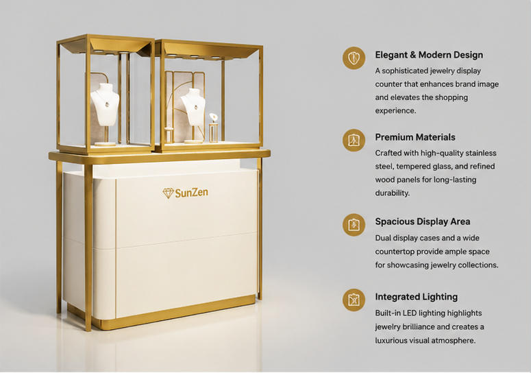 45 Degree Full Render of Dual Separated Gold Frame Glass Booth Cream White Full Golden Trim Luxury Necklace Jewelry Showcase
