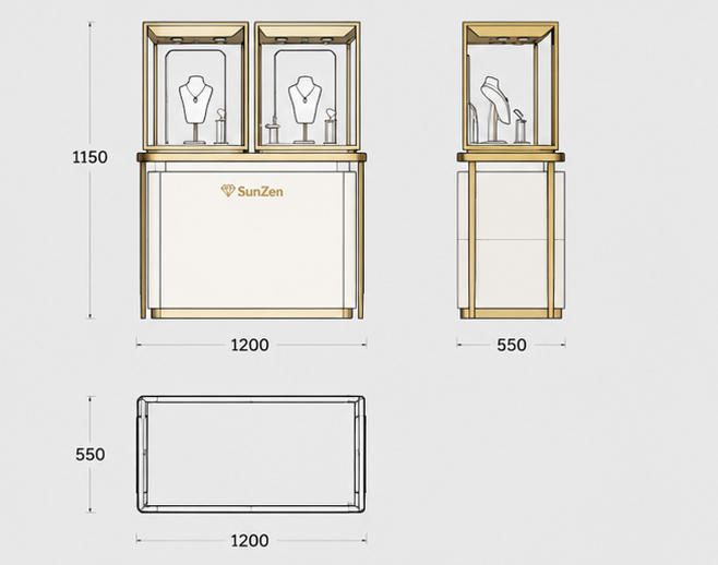 Jewelry Dual Gold Frame White Base Necklace Display Counter CAD Drawing