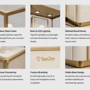 Material & Craft Close-up of Dual Separated Gold Frame Glass Booth Cream White Full Golden Trim Necklace Jewelry Display Counter