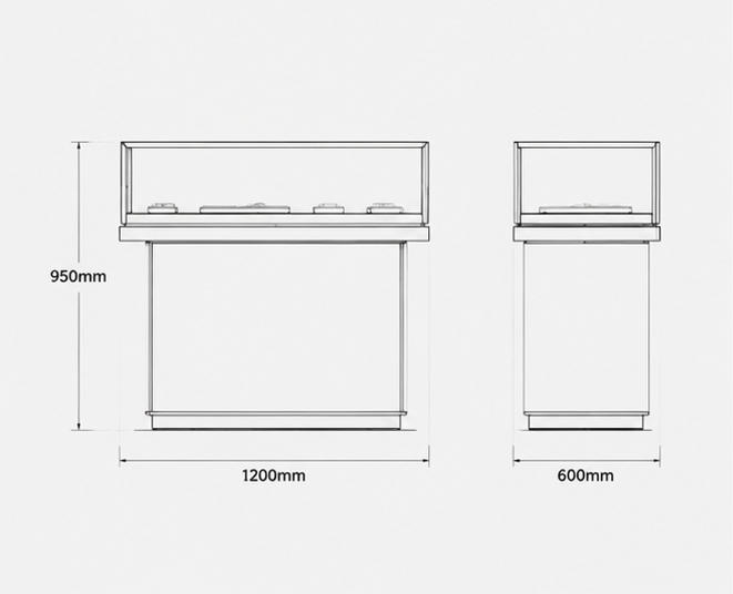 CAD drawing dual jewel counter linked display unit gold trim glass case cream base cabinet black velvet liner layout dimension