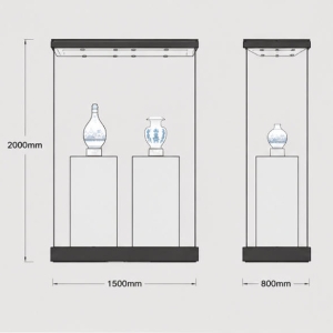 Dual Pedestal Glass Vitrine | Double Vase Display Case Wide Heritage Glass Booth – Sunzen Display 3 CAD layout drawing of dual pedestal glass vitrine twin ceramic exhibit cabinet rectangular museum plinth dimension marking