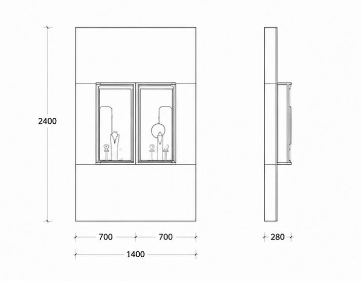 CAD layout dual recess niche wall double gold frame vitrine blue velvet accent panel three band cream wall divided gem backdrop unit dimension drawing