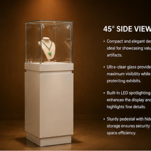 Jade Pendant Vitrine | Mini Square Jewel Booth Tall Slim Pedestal Case Spot Light Jewelry Unit Gem Artifact Display Cabinet 4 Close-up dual adjustable mini spotlights, mini square four-sided UV glass, bust jewelry display stand inside jade pendant vitrine mini square jewel booth