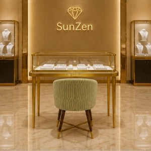 Jewelry consultation table | Light Luxury Matching Fabric Chair Retail Showcase Set – Sunzen 6 Real Installation Shot In Fashion Minimalist Designer Fine Jewelry Boutique Storefront Window & Aisle Corner Independent Consultation Zone