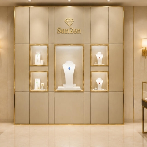 Jewelry Fabric Wall Cabinet | Beige Gold Trim Five Niche Brand Display Backdrop – Sunzen 6 Real Installation Shot In Light Luxury Fashion Jewelry Boutique