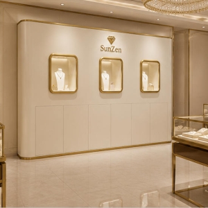 Cream Curved Jewelry Back Wall | Triple Gold Square Niche Brand Display Unit – Sunzen 6 Real Installation Shot In Light Luxury Fashion Jewelry Boutique