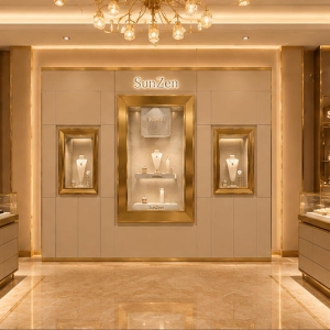 Triple Recess Wall Vitrine | Gold Trim Panel Wall Stepped Interior Shelf Wall Mounted Jewelry Booth Multi-Frame Gem Display Wall 6 On-site render triple recess wall vitrine multi-frame gem display wall installed as full background display wall inside high-end flagship jewelry boutique