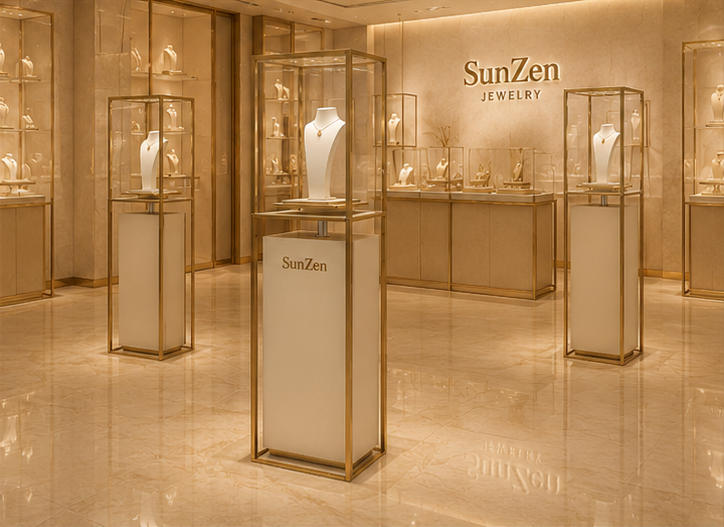On-site render open gold frame pedestal single necklace display tower placed as window focal landmark inside minimalist luxury jewelry flagship boutique