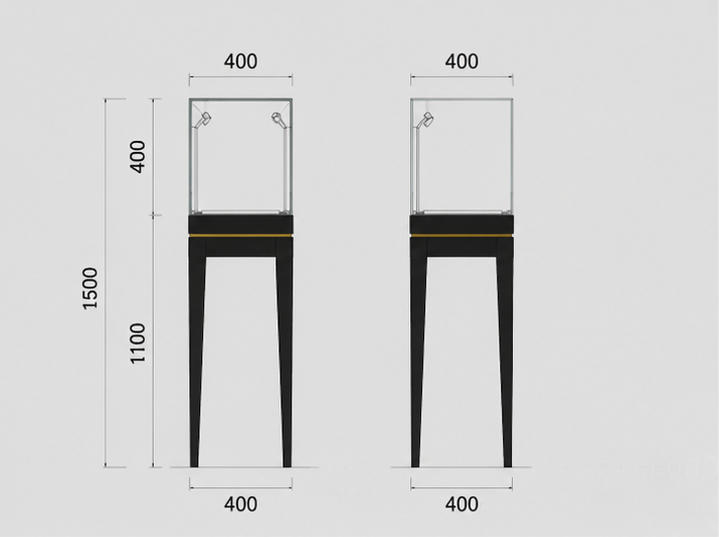 CAD layout four leg vitrine gold trim jewel booth slender black tall case mini cube glass unit red vase relic cabinet dimension drawing