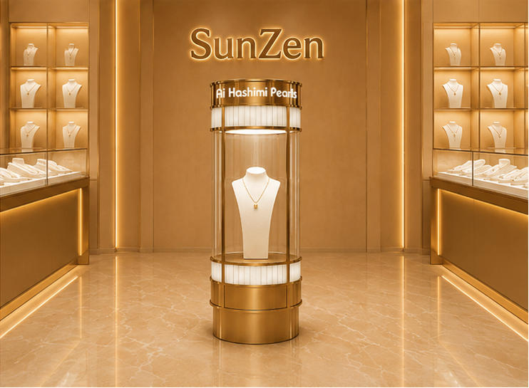 Full front render rotatable floor kiosk cylindrical pearl tower full 360 transparent glass cylinder branded brass top plinth for single pearl necklace focal display