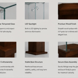 Material close-up seamless full dark solid wood grain tall pedestal, low iron transparent square glass, natural wood display platform for dark timber tall case ceramic heritage display cabinet