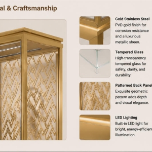 Material close-up anti-oxidation full gold alloy frame & four slender legs, hollow carved gold decorative back panel, low iron vertical clear glass for branded tall gem stand top strip light booth