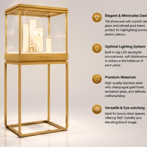 Jewelry Full Gold Cube Pedestal Display Tower | Light Metal Vertical Showcase – Sunzen 4 45 Degree Full Render of All Polished Golden Hollow Square Metal Frame Cube Glass Vertical Jewelry Focal Showcase Tower